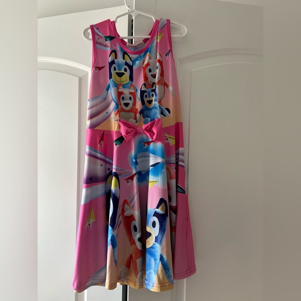 Colorful Bluey Cartoon Character Dress with Pink Bow